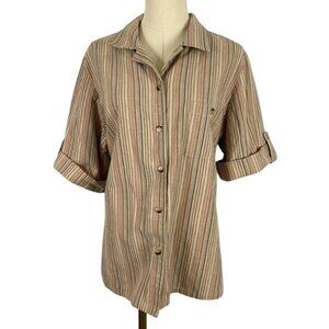 Vintage Blair Large Beige Striped Collared Short Sleeve Button Up Shirt